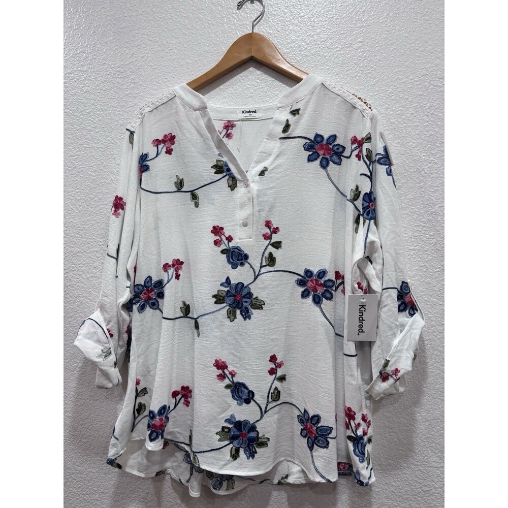 Kindred Women’s 3X Floral Embroidered Blouse White Blue Pink Boho V Neck